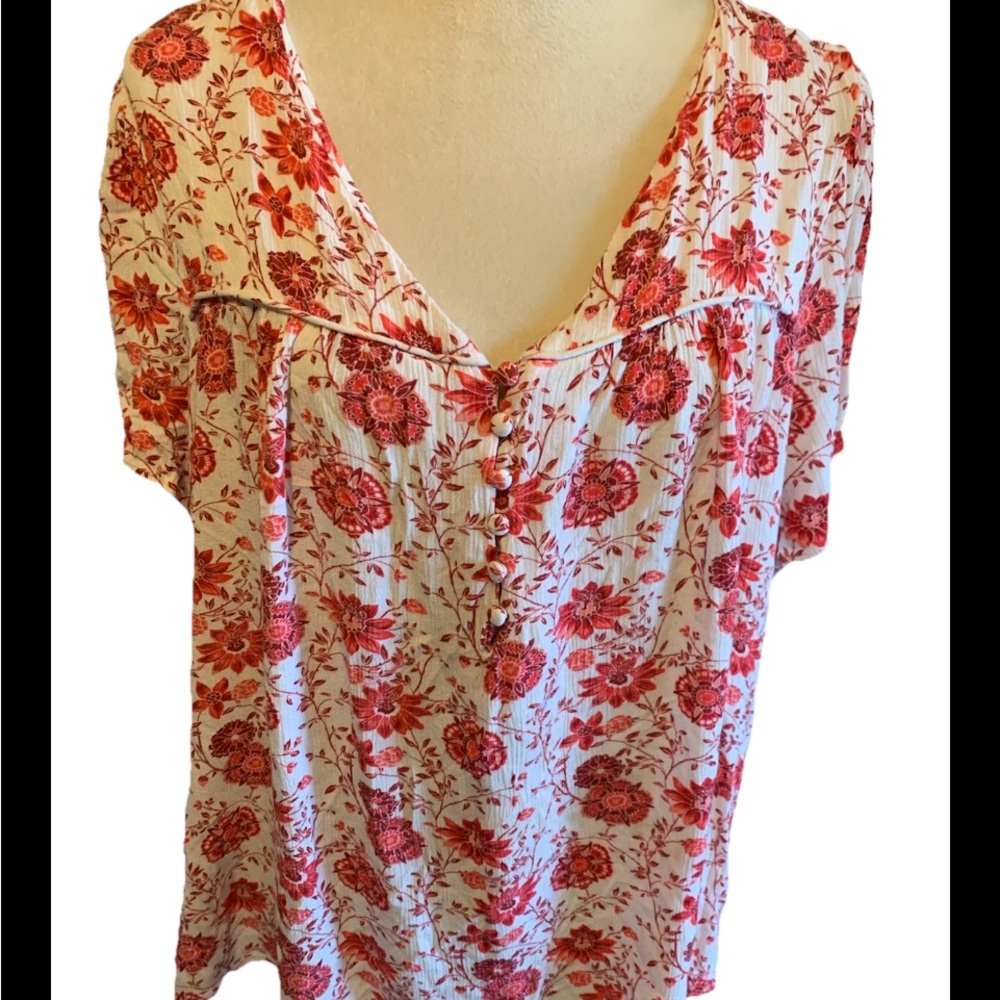 Skies Are Blue Curvy  Women’s Floral Top Short Sleeve Cream Multi Color 2X